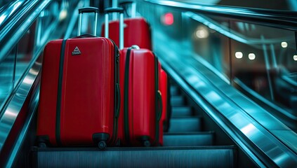 Red luggage on airport escalator