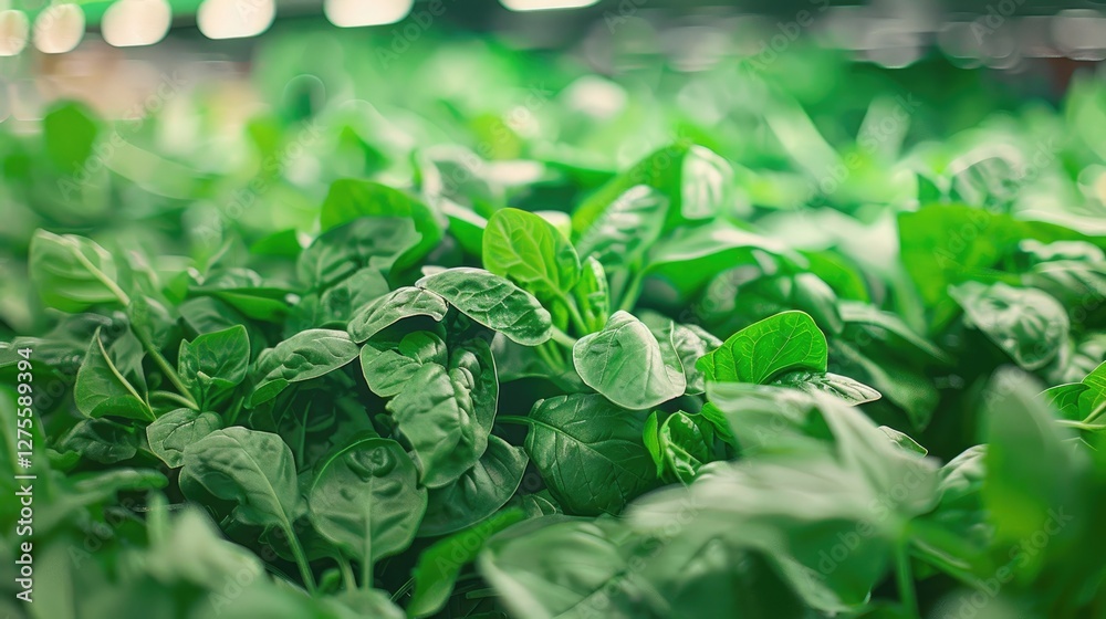Poster lush green amaranth spinach leaves densely layered in a vibrant supermarket setting, illuminated wit