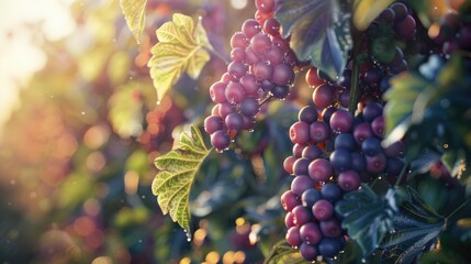 Vibrant close-up of red and purple berries on lush green vines in sunlight showcasing natural beauty with glistening dew droplets on leaves