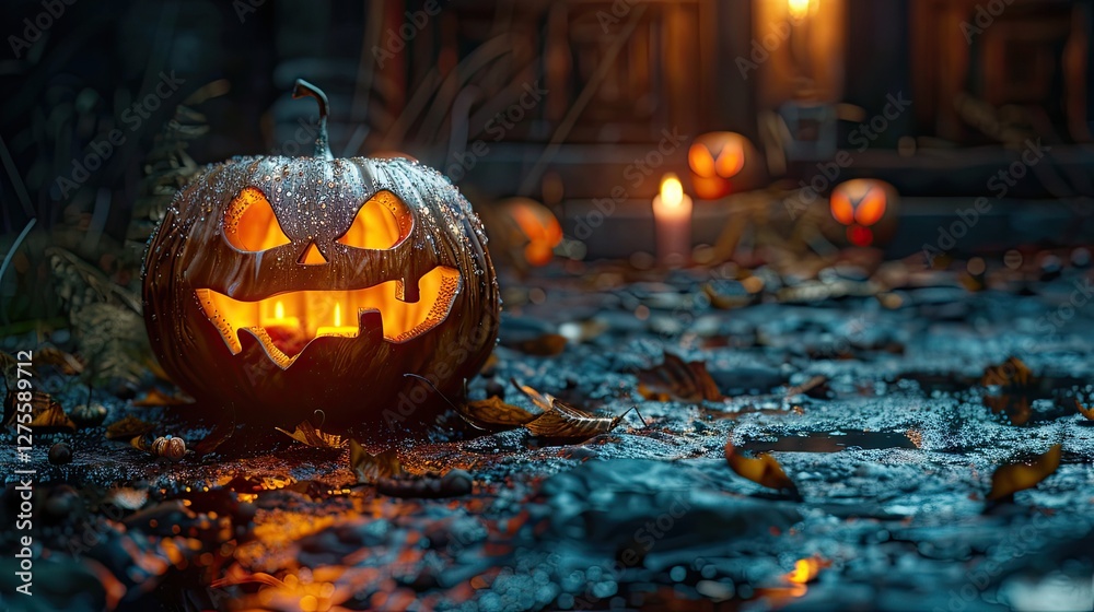 Aufkleber halloween pumpkin with candlelight glowing in rain-soaked ground surrounded by autumn leaves and ill