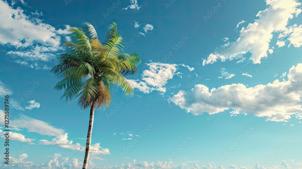 Poster lone royal palm tree against a vibrant blue sky with fluffy white clouds positioned in the upper rig