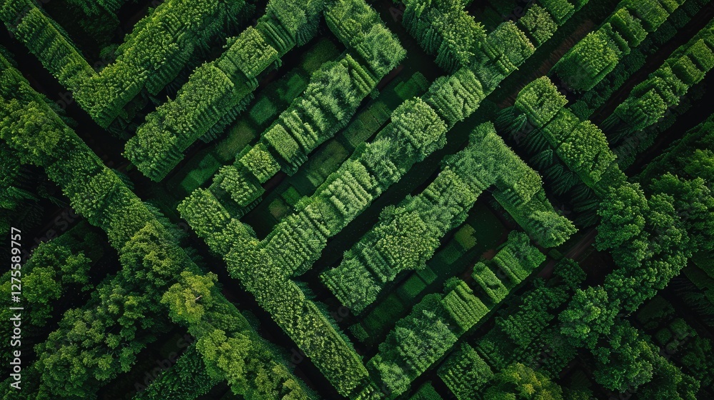 Poster Aerial view of a lush geometric crop field featuring vibrant green textures and patterns, with rows of crops in intricate maze-like formations.