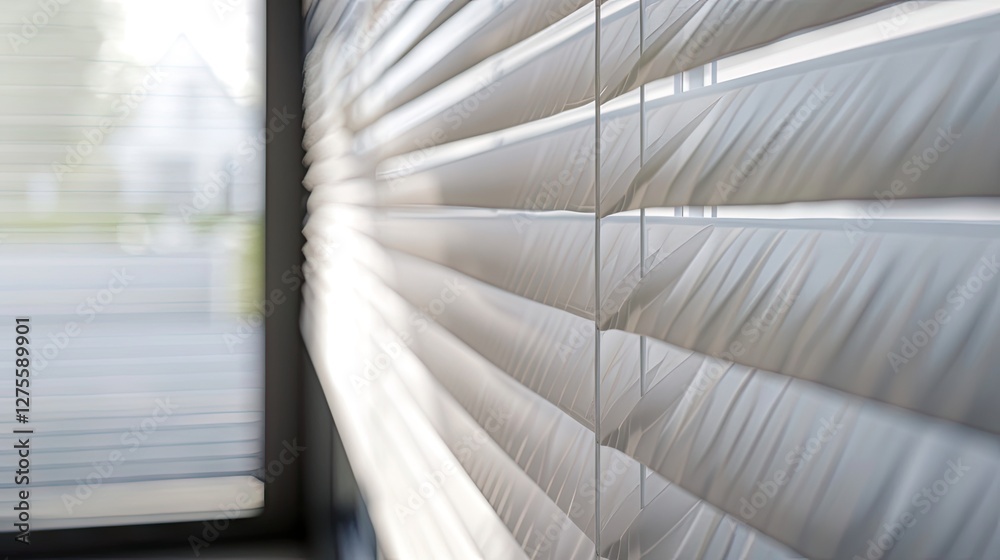 Poster closeup of white pleated blinds with 50mm folds positioned in a modern apartment window, showcasing 