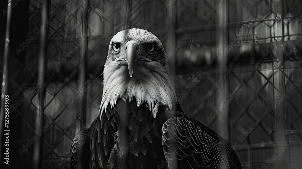 Poster majestic eagle with piercing gaze staring from behind dark metal bars in an indoor zoo setting showc