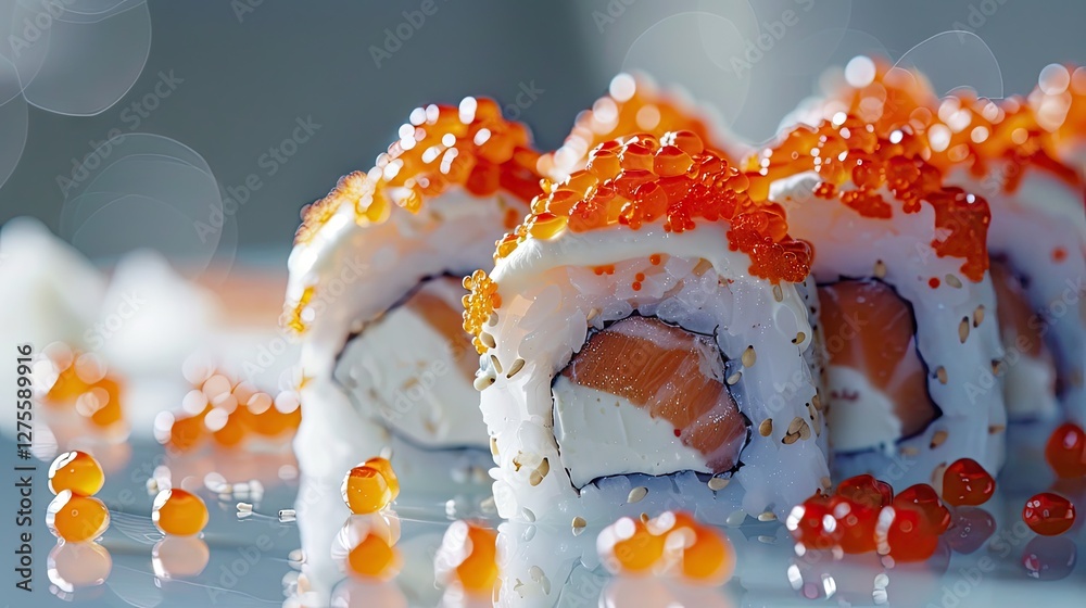 Poster creamy sushi rolls with cream cheese and tobiko caviar against a soft-focus background with orange a