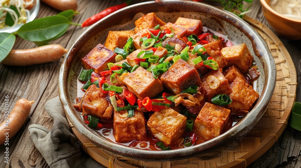 Poster fried tofu dish with vibrant green onions and red chili served in a rustic bowl on a wooden table wi
