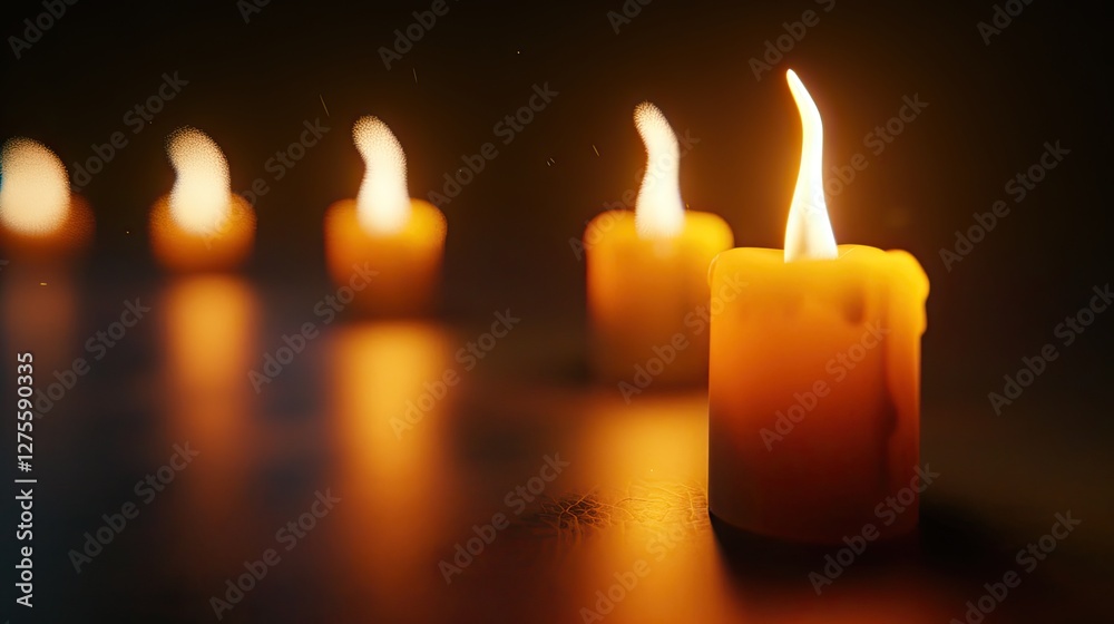 Poster Row of burning candles with the first candle in sharp focus illuminated by warm orange light while others are softly blurred in the background
