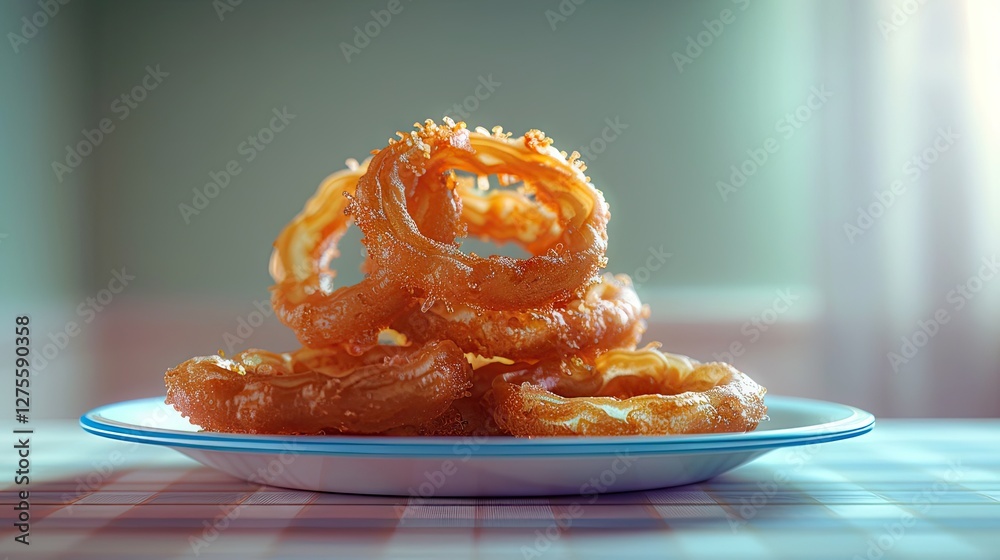 Poster crispy golden onion rings stacked in a neat pile on a blue rimmed plate with soft natural light illu