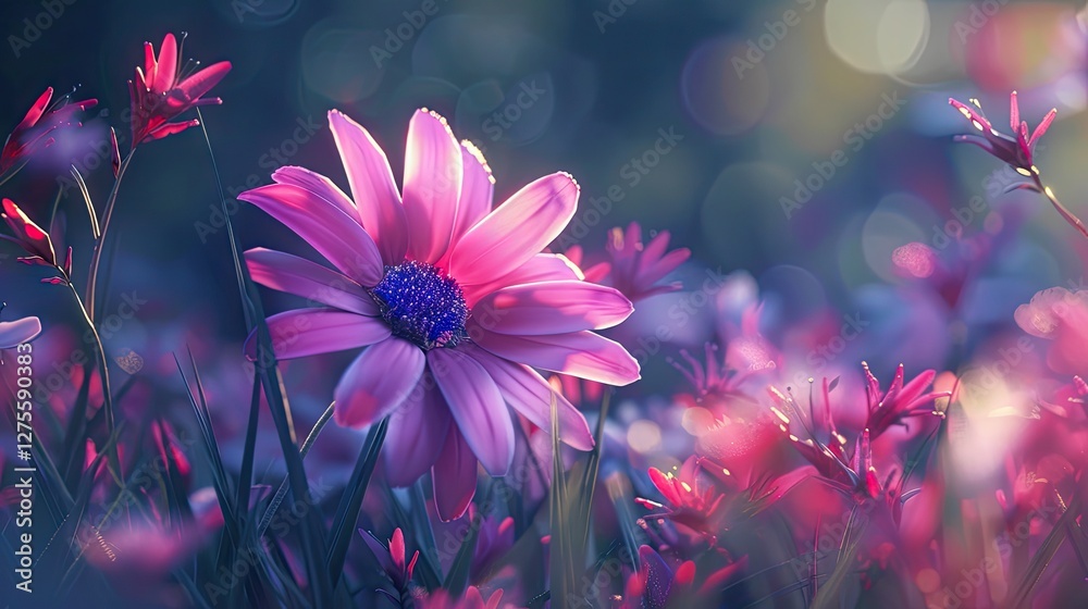 Poster vibrant close-up of pink daisies with purple centers amidst a soft-focused field of various small fl