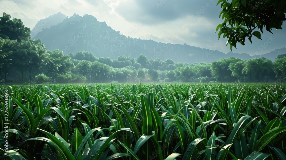 Poster lush green crops in a vast agricultural field with rolling hills and misty mountains in the backgrou