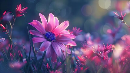 Vibrant close-up of pink daisies with purple centers amidst a soft-focused field of various small flowers creating a dreamy bokeh background