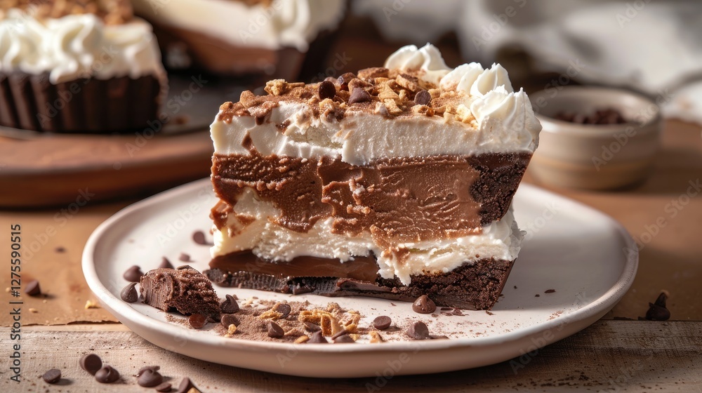 Poster decadent layered chocolate vanilla and mocha ice cream pie slice on a neutral plate with creamy whip