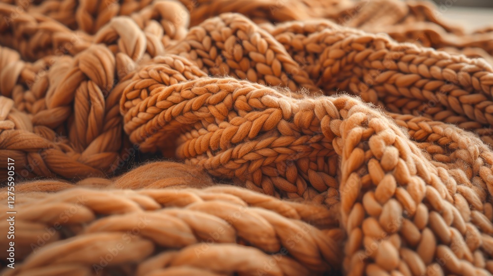 Poster textured close-up of a large handmade merino wool knitted blanket in warm orange tones, showcasing s