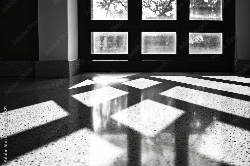 Poster monochrome image of sunlight streaming through a window onto a polished floor, creating a pattern of