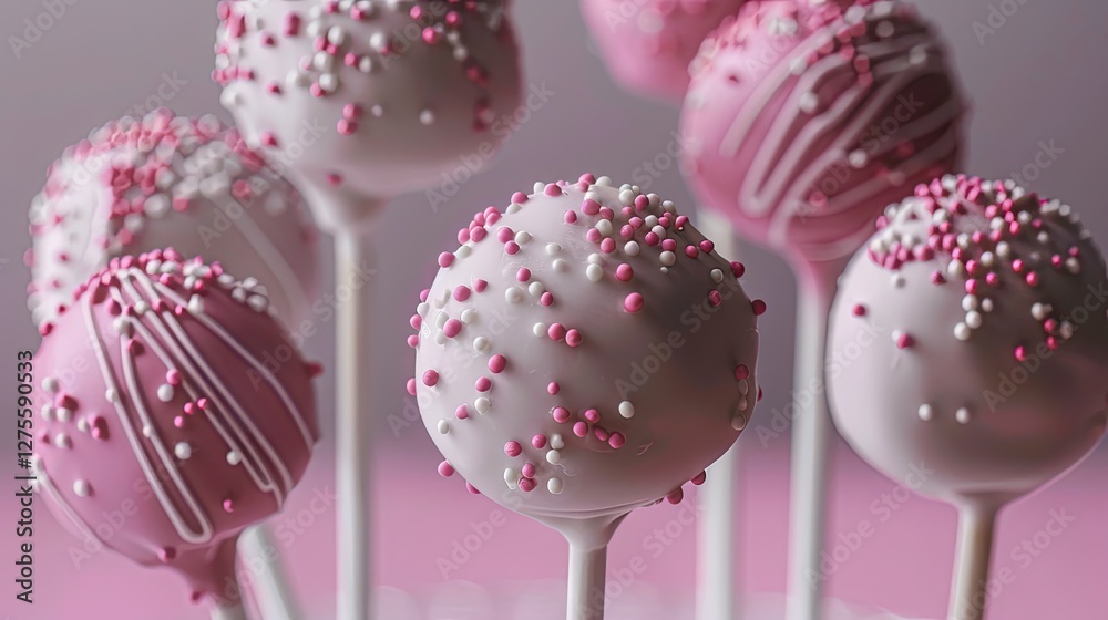 Poster pink and white cake pops on sticks with sprinkles arranged in a cluster against a soft pink backgrou