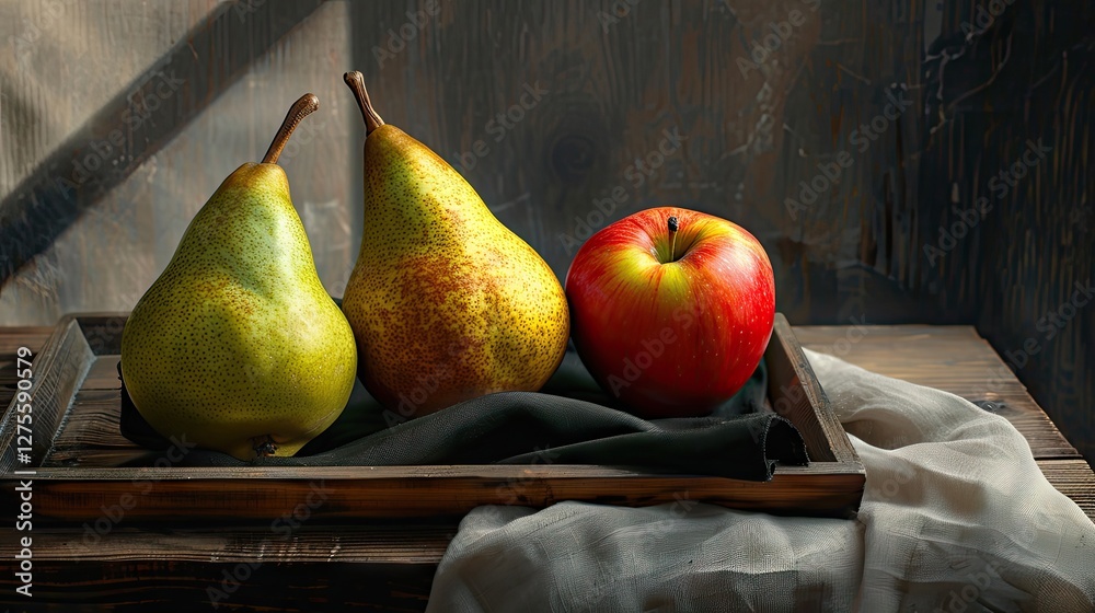 Poster fresh pears and a red apple arranged on a wooden tray with a black napkin, soft harsh light creating