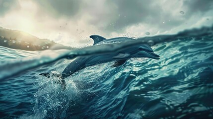 Naklejka premium Dolphin leaping from turquoise ocean waves illuminated by dramatic sunlight with dark clouds in the background creating a serene atmosphere