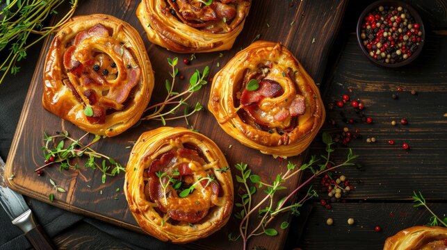 Delicious bacon and cheese puff pastry pinwheels arranged on a rustic wooden board with fresh herbs and colorful peppercorns on a dark background