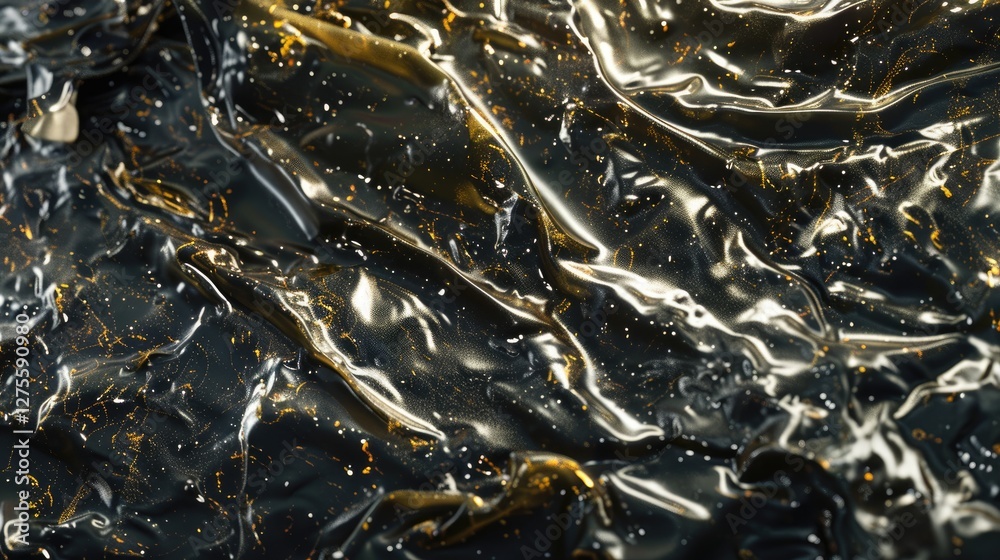Poster abstract shiny black wrinkled surface with golden speckles illuminated by soft light, capturing dept