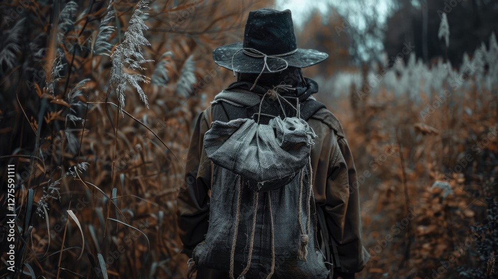 Aufkleber lone figure in a dark hat with a weathered backpack walking through an autumn landscape filled with 