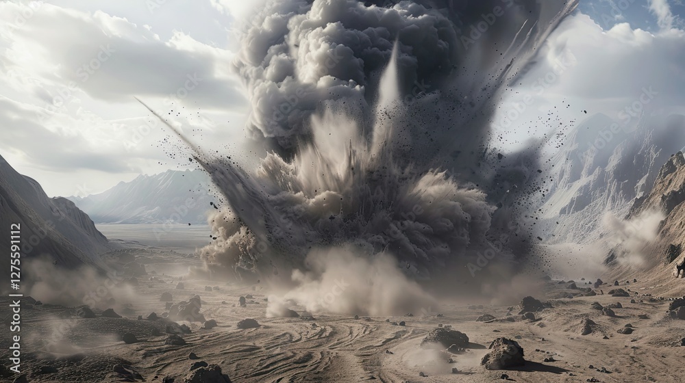 Poster Dust clouds billow dramatically into the sky from a mine explosion in a rocky landscape illuminated by soft light with distant mountains.