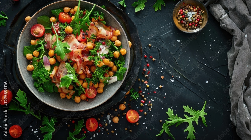Poster healthy salad with chickpeas bacon and cherry tomatoes arranged artfully on a round gray plate again