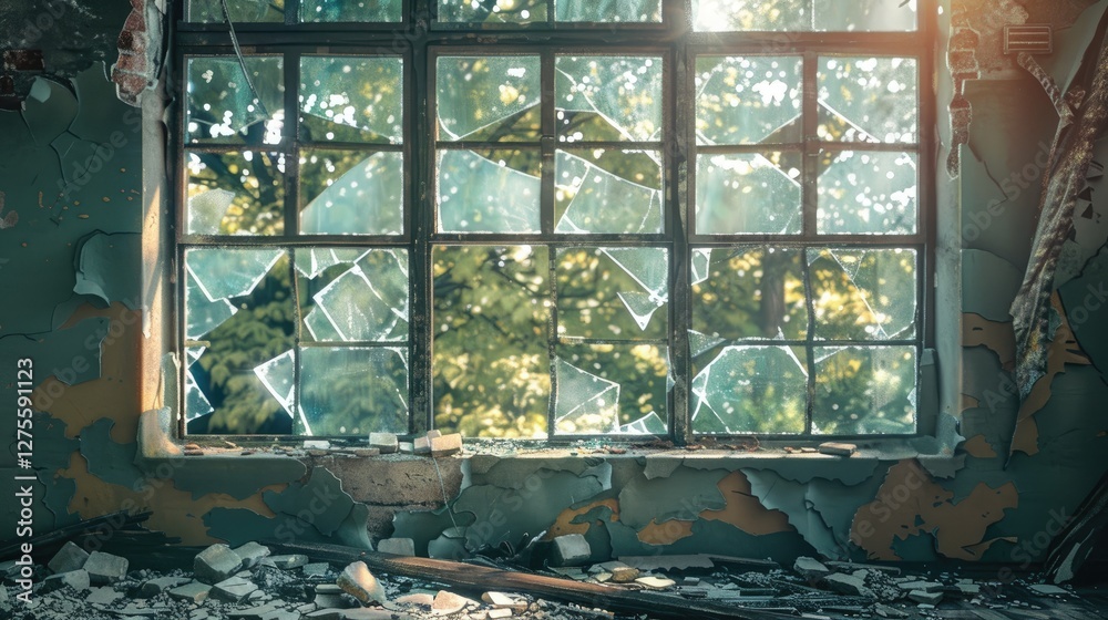 Aufkleber sunlight filters through a broken safety glass window with shattered panes illuminating a neglected 