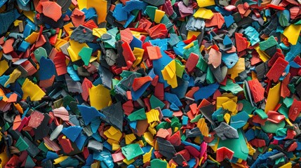 Colorful fragments of shredded plastic waste in a chaotic mix of red, blue, yellow, green and black scattered across the surface for recycling efforts