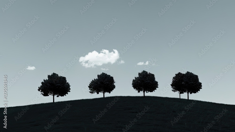 Poster silhouette of four dark trees on a green hill under a light gray sky featuring a single fluffy white