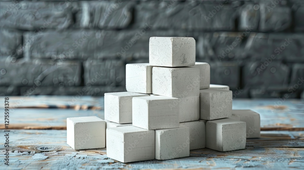 Poster White wooden blocks stacked in a pyramid against a textured dark gray brick background with a rustic wooden surface below.