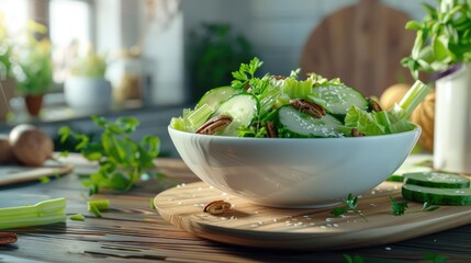 Fresh cucumber and celery salad with pecans in a white bowl on a wooden board with green herbs and natural light from a kitchen setting.