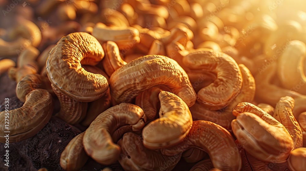 Poster golden brown cashew nuts scattered on a textured surface illuminated by warm sunlight creating a ric