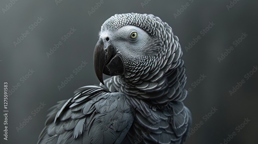 Poster elegant close-up of an african gray parrot featuring intricate gray feather details and a striking p