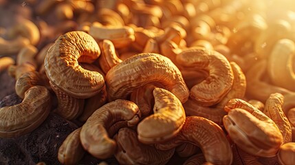 Obraz premium Golden brown cashew nuts scattered on a textured surface illuminated by warm sunlight creating a rich, inviting atmosphere ideal for food photography.
