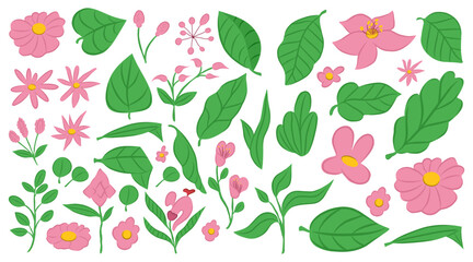 Colorful floral vector elements, a vibrant collection of floral and leaf vector graphics, perfect for crafting and digital design.