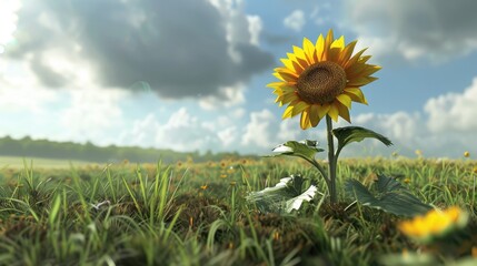 Vibrant sunflower with yellow petals stands tall amidst lush green grass under a clear blue sky with soft clouds in a natural field setting.