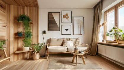 Cozy Wooden Living Room with Posters and Decorative Shelf, Exuding a Warm and Vintage Atmosphere Perfect for Interior Design Inspiration or Digital Art.