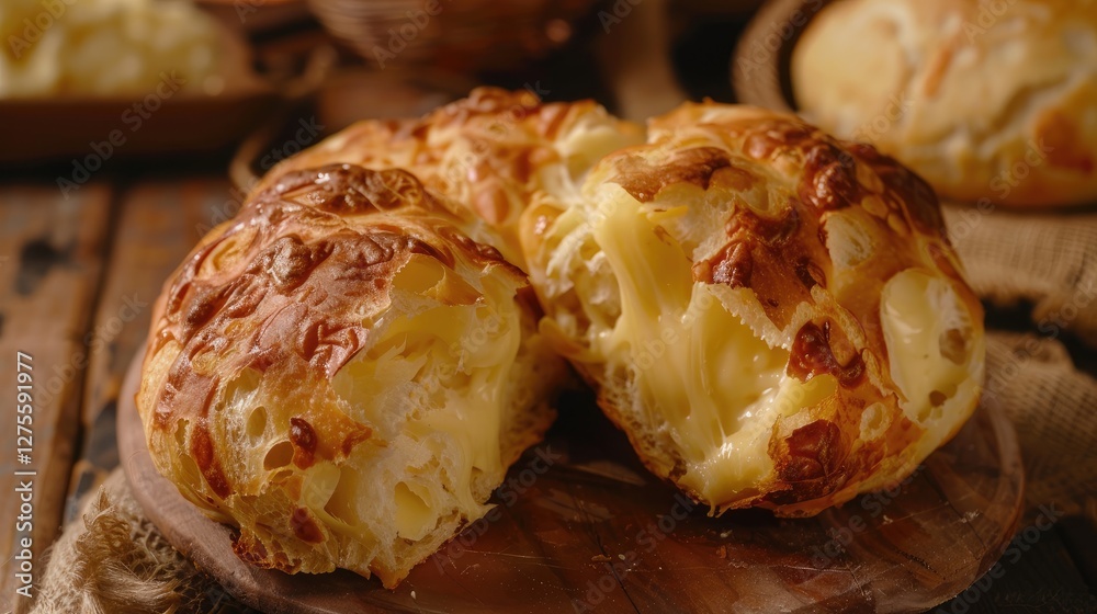 Poster golden brown pandequeso sliced open revealing melty cheese strands on a rustic wooden table with sof