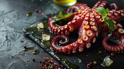 Galician cooked octopus leg on black slate with olive oil and spices garnished with fresh basil and colorful pepper on dark textured background