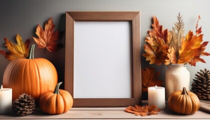 Autumnal Delight Rustic Wooden Poster Frame Flaunts Pumpkins, Candles Fall Leaves in a Warm, Cozy Mood If the title is below characters Perfect for digital art, home decor, or design