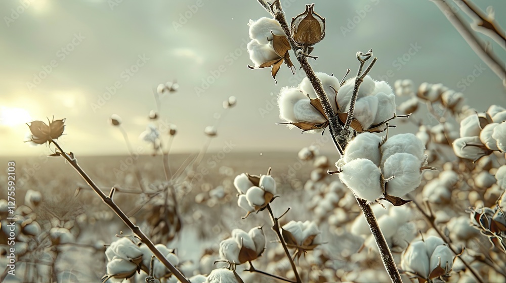 Fototapete ripe cotton bolls on branches in a cotton field under soft sunlight with muted greens and browns in 