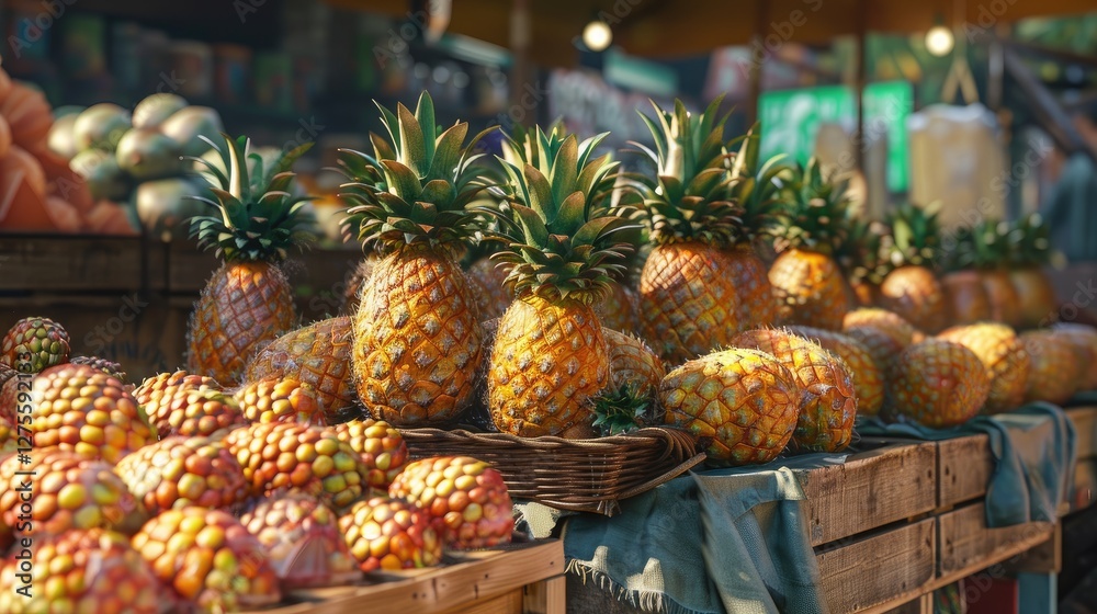 Poster vibrant fruit market stall featuring ripe golden pineapples and colorful apples arranged on wooden c