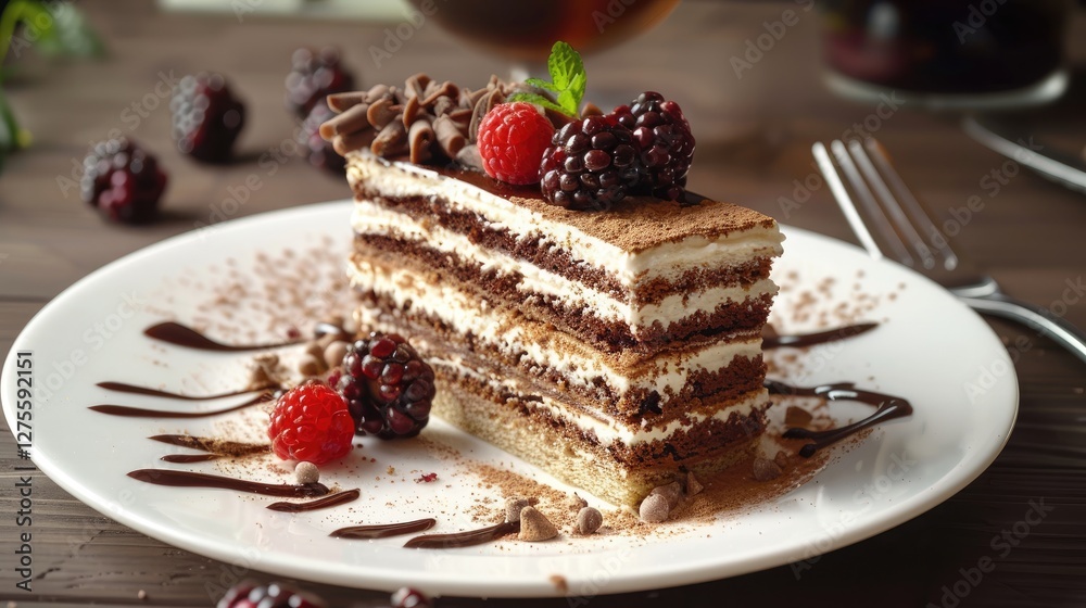 Poster delicious chocolate layer cake slice on a white plate garnished with raspberries and blackberries on