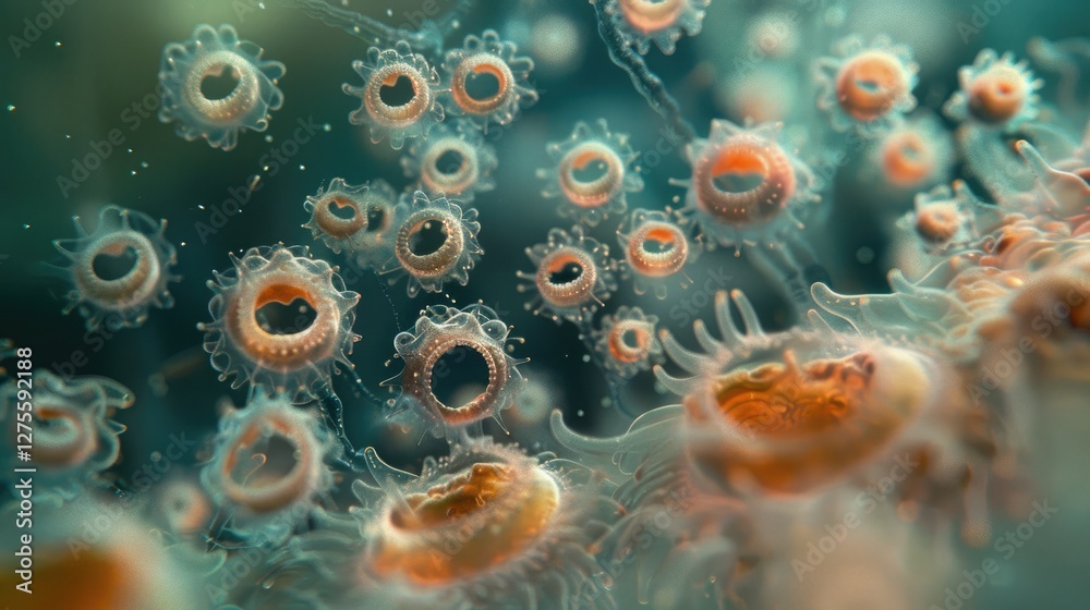 Poster microscopic view of sea urchin embryos undergoing cell division, featuring translucent spherical cel