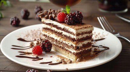 Delicious chocolate layer cake slice on a white plate garnished with raspberries and blackberries on a rustic wooden table.