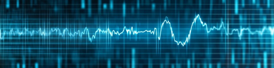 Cyan Heartbeat Line on Dark Blue Grid Background, Abstract Digital Illustration Design.