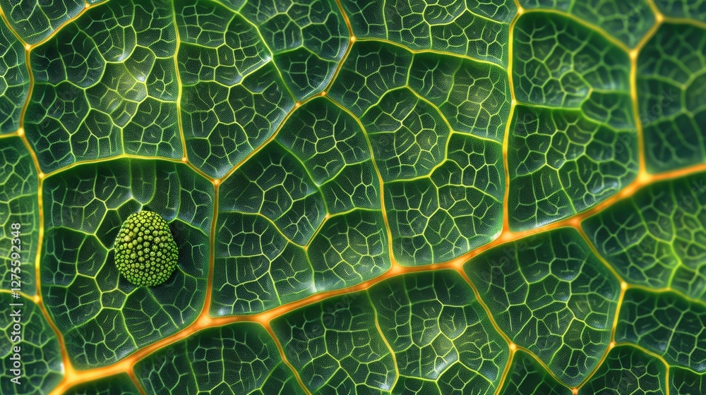 Poster close-up of vibrant green leaf structure showcasing intricate nano patterns and textures with a smal