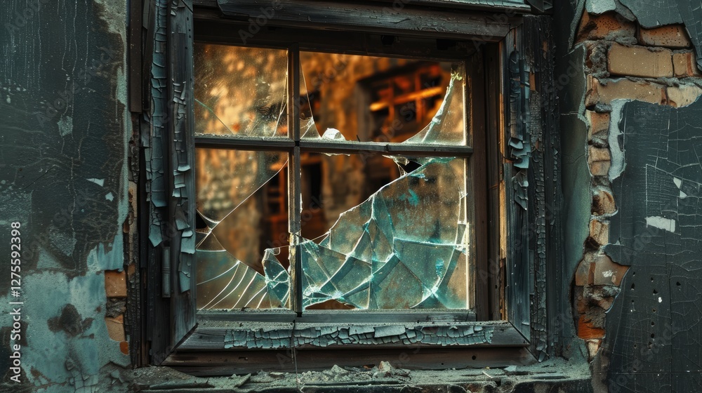 Aufkleber Detailed close-up of a broken window with shattered glass in an abandoned building featuring dark wooden frame and crumbling brick wall in muted tones.