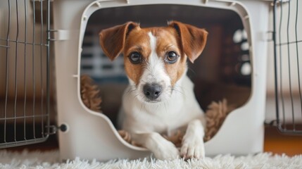 Jack Russell Terrier relaxing inside a soft travel carrier box with neutral tones and soft textures against a cozy indoor backdrop.