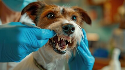 Veterinarian examining the teeth of a small dog, wearing blue gloves, focused on the dog's mouth, with a blurred background in warm tones.
